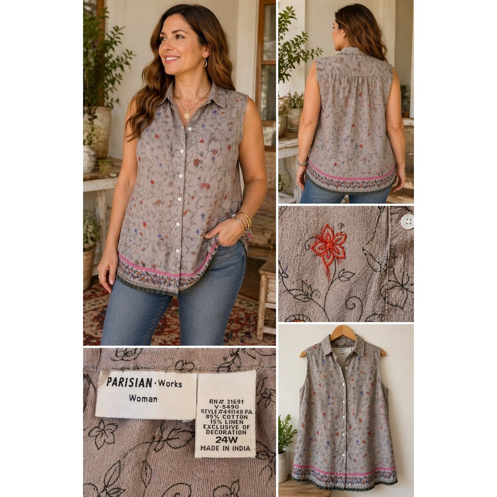 Parisian Works Womens 24W Cotton Linen Floral Embroidered Sleeveless Shirt Taupe